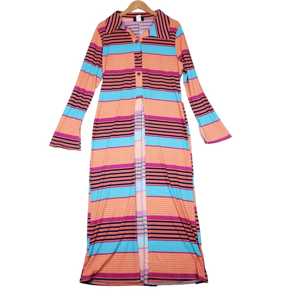 The Curve Maxi Dress 3X Multicolor Striped Button Front Long Sleeve‎ Boho